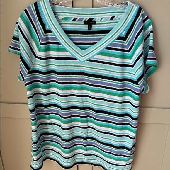 EUC Talbots Striped V-Neck Linen Blend Top SZ L Blue Green and White - Picture 1 of 7